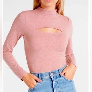 -NEW!! Express Body Contour Mock Neck Cut-Out Bodysuit Rose Mauve Size Med